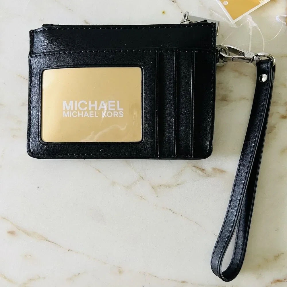 MICHAEL KORS Jet Set Black Cream Leather Small Coin Purse Card Wallet Wristlet